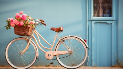 Fototapeta na wymiar Bicycle with flowers in a straw basket near the wall of a beautiful house in the sun Summer mood.