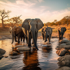 elephants at sunset