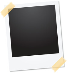 Black polaroid border frame on white background. Photo frame with sticky tape on transparent background. Template photo Polaroïd, blank for your trendy photo