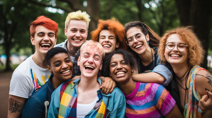 A group of young friends from different backgrounds and the LGBT community, smiling in the nature of a park. A picture of tolerance and integration in a diverse society.