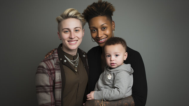 An interracial lesbian couple, one white and one black, with a baby boy, showing the diversity of new families and gender orientations.