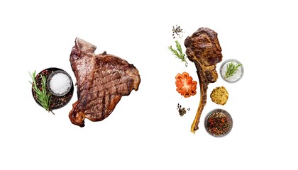 Steak on the bone. tomahawk steak on a white background.