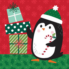 Illustration vector of Christmas greetings card with cute penguin