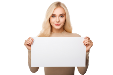 a beautiful blonde woman holding a blank placard sign poster paper in her hands. empty space for editing and ads. isolated on white background PNG