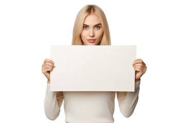 Fototapeta premium a beautiful blonde woman holding a blank placard sign poster paper in her hands. empty space for editing and ads. isolated on white background PNG