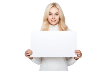 a beautiful blonde woman holding a blank placard sign poster paper in her hands. empty space for editing and ads. isolated on white background PNG