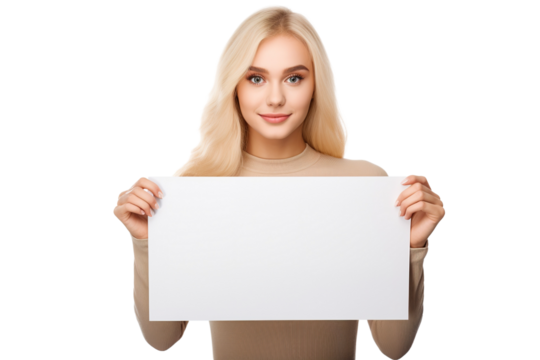 a beautiful blonde woman holding a blank placard sign poster paper in her hands. empty space for editing and ads. isolated on white background PNG