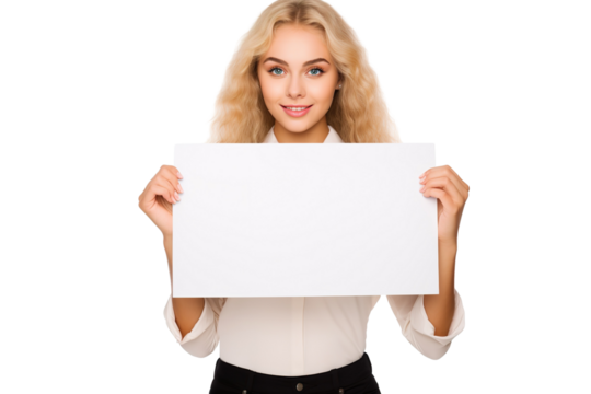 a beautiful blonde woman holding a blank placard sign poster paper in her hands. empty space for editing and ads. isolated on white background PNG
