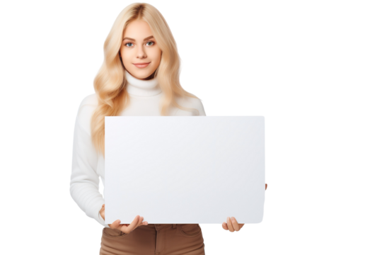 a beautiful blonde woman holding a blank placard sign poster paper in her hands. empty space for editing and ads. isolated on white background PNG