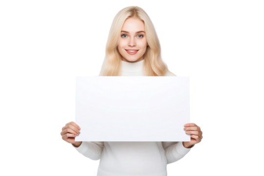 a beautiful blonde woman holding a blank placard sign poster paper in her hands. empty space for editing and ads. isolated on white background PNG