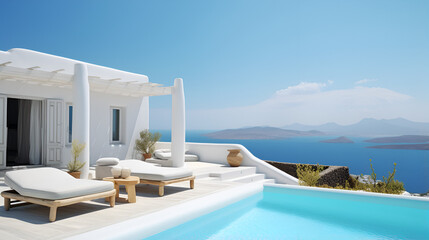 Traditional Mediterranean white house with pool on hill with stunning sea view. Summer vacation background