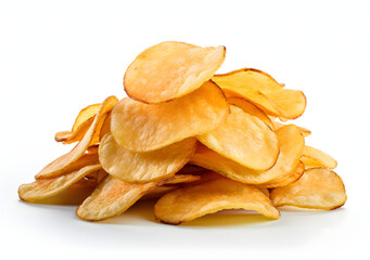 Close-up of Crispy Fried Potato Chips, Isolated on white
