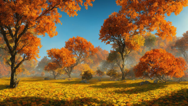 Autumn Leaves on Trees, Ground Covered Forest Matte Painting Blue Sky Daytime