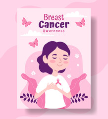 Breast Cancer Awareness Month Vertical Poster Flat Cartoon Hand Drawn Templates Background Illustration