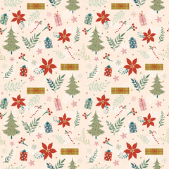 Illustration vector of seamless Christmas leaf and gift, perfect for wallpaper and gift wrap design