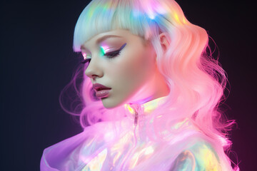 High Fashion model with shiny hair under neon flickering lights