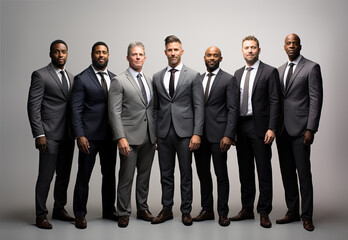 a group of men in suits standing up, in the style of portraits with soft lighting
