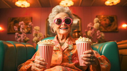 adorable senior lady in the cinema, generative ai