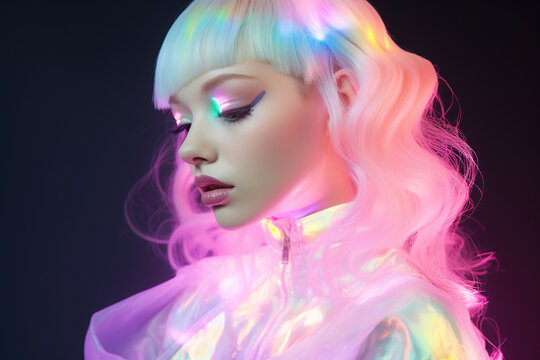 High Fashion model with shiny hair under neon flickering lights © Elaine
