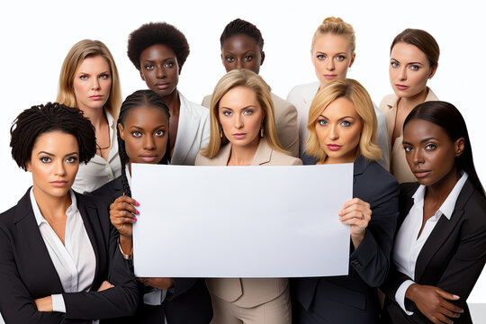 a group of business women holding a blank sign on isolate white background