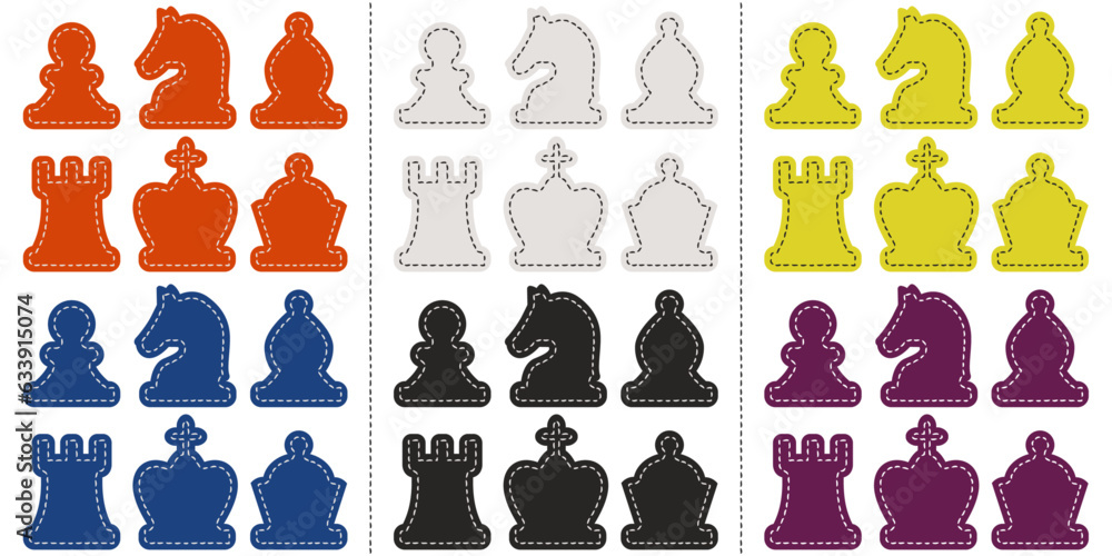 Poster set of stickers from chess pieces. different color variations of stickers with dotted edges. funny c