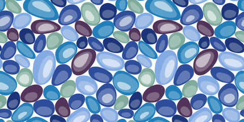 Blue pebbles. Seamless pattern of rounded pebbles. Pattern for textiles, pillows, clothes, background, packaging, notepads. Pattern of puppy dog, gravel, smooth stone.