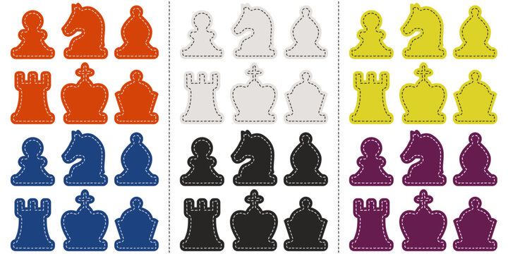 Naklejka Set of stickers from chess pieces. Different color variations of stickers with dotted edges. Funny chess stickers.