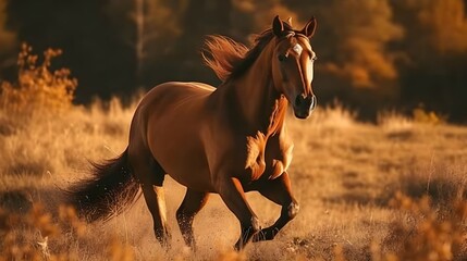 Brown wild horse running in the meadow, nature blur background. Generative AI technology.