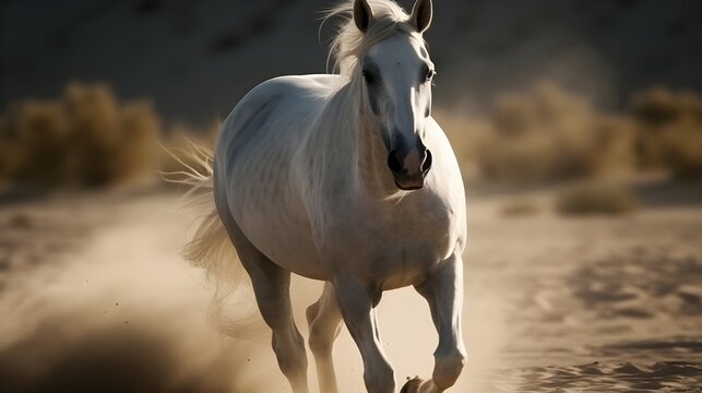 White wild horse running in the nature blur background with lot of dust on the ground. Generative AI technology.
