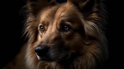 Close up photo of brown border Collie dog with isolated on black background. Generative AI technology.