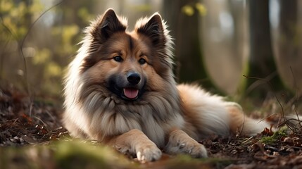 Beautiful long fur brown Icelandic Sheepdog sitting and relax on the forest ground, nature background. Generative AI technology.