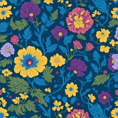 Blue background pink and yellow flowers and leaves. AI-Generated