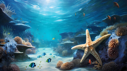 Naklejka na ściany i meble An enchanting scene of starfish adorning the ocean floor