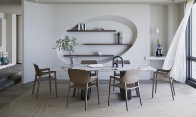 Interior of tea room, table and chair, decorative items in room 