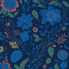 Gardinen Blue background with colorful flowers and leaves. AI-Generated  © Pram