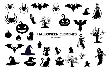 Halloween element silhouette black set collection ghost holiday icon vector