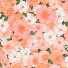 a close up of a pink and orange flowers patterns background with white flowers. AI-Generated.