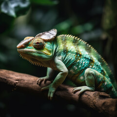 Image of green chameleon on branch in forest. Reptile. Illustration, Generative AI.