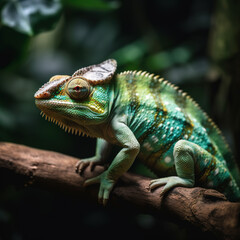 Obraz premium Image of green chameleon on branch in forest. Reptile. Illustration, Generative AI.