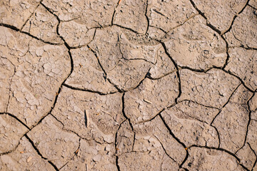 Dry, cracked earth. Drought. Lack of water for irrigation. Agricultural industry.The ground was cracks in the top view for the background or graphic design with the concept of drought .