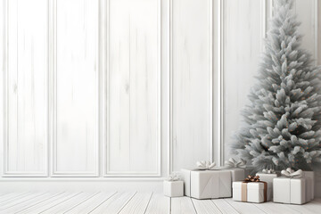 Christmas gift boxes and decorations with white wood wall room background, Christmas composition copy space, AI generate