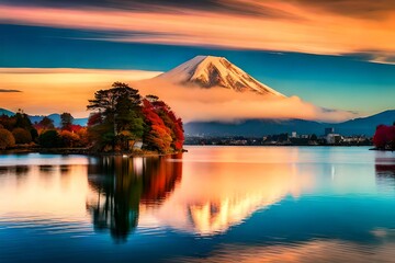 mountain with beautiful lake in autumn season generated by AI tool