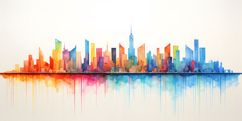 Obraz premium Colorful Watercolor Cityscape Painting Depicting Modern Architecture with Reflections, vibrant skyline.