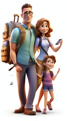 Obraz premium Happy Family with Baby People Standing Holding Hands isolated on white background 3D rendering illustration. Mother Father Daughter Son go to travel.
