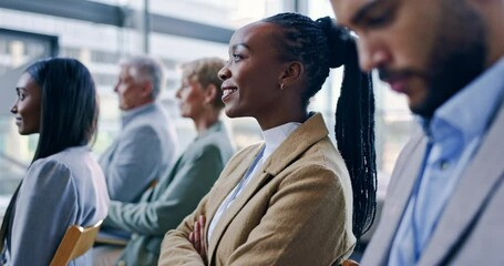 Business, woman and group in a conference, brainstorming or learning with skills, communication or support. Group, teamwork or corporate training with ideas, seminar or conversation with growth