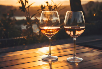 two white wine glasses on wooden table in afternoon sunset in beautiful garden  - obrazy, fototapety, plakaty
