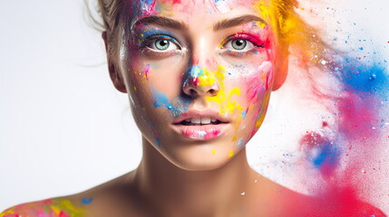 Close-up portrait of young woman with splash of colorful paint on her face.On the light background.