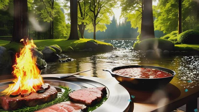 the atmosphere of cooking steak in a beautiful open nature. Cartoon or anime illustration style. seamless looping 4K time-lapse virtual video animation background.  