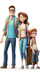 Fototapeta premium Happy Family with Baby People Standing Holding Hands isolated on white background 3D rendering illustration. Mother Father Daughter Son go to travel.