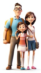 Happy Family with Baby People Standing Holding Hands isolated on white background 3D rendering illustration. Mother Father Daughter Son go to travel.